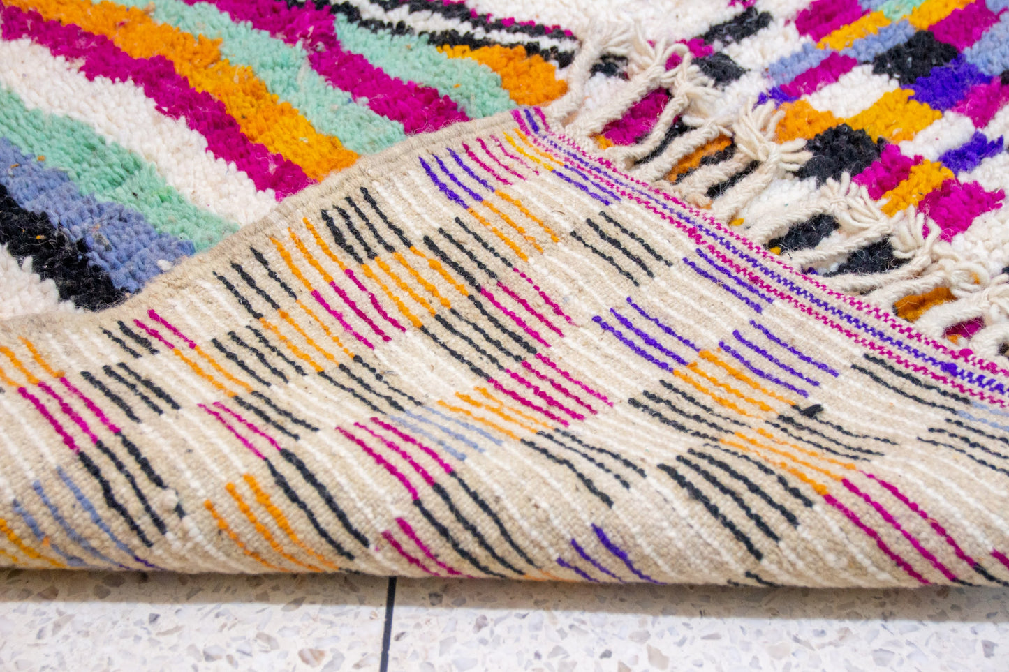 Boujaad Pile Rug — Rippling Stripes with Central Diamond & Checkerboard End