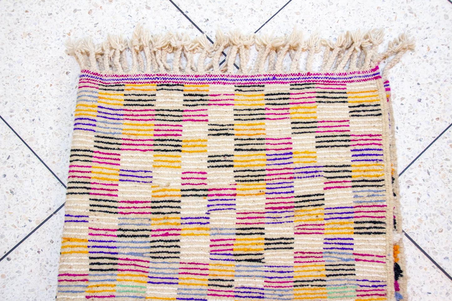 Boujaad Pile Rug — Rippling Stripes with Central Diamond & Checkerboard End