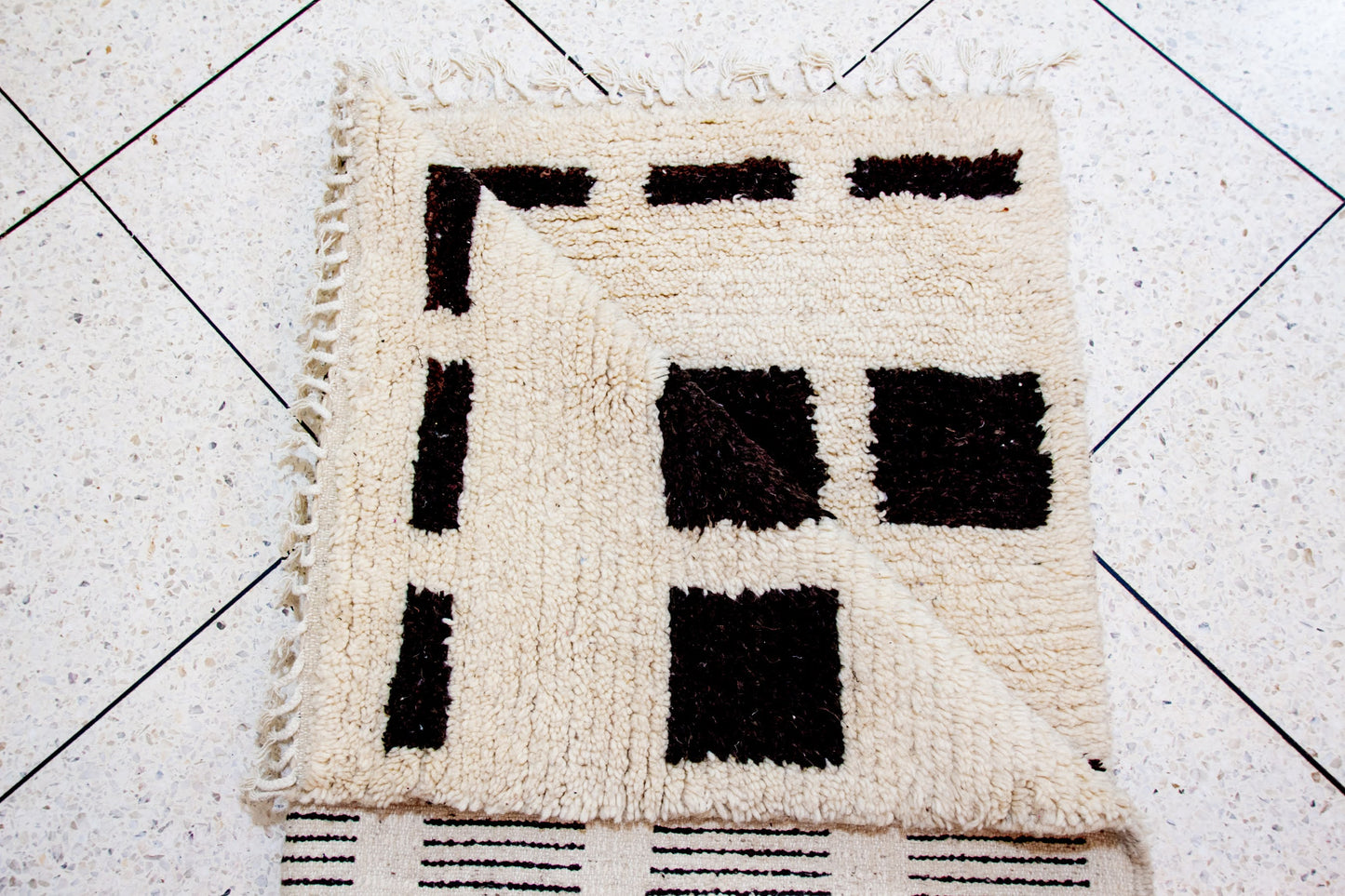 Beni Ourain Pile Rug — Ivory Field with Espresso Square Bands