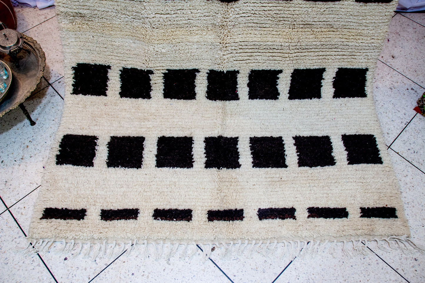 Beni Ourain Pile Rug — Ivory Field with Espresso Square Bands