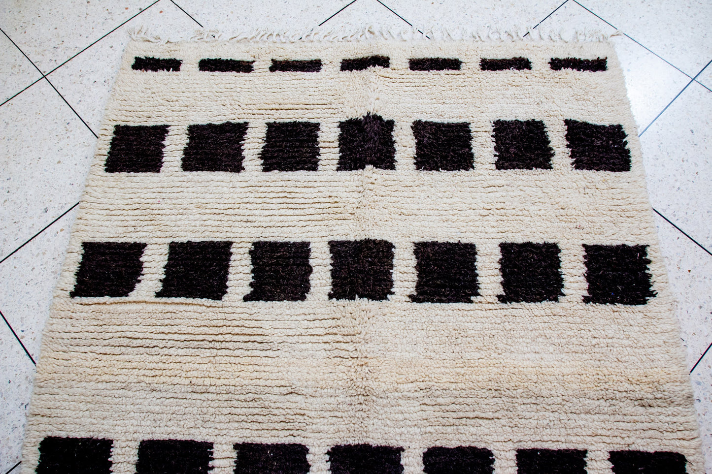 Beni Ourain Pile Rug — Ivory Field with Espresso Square Bands