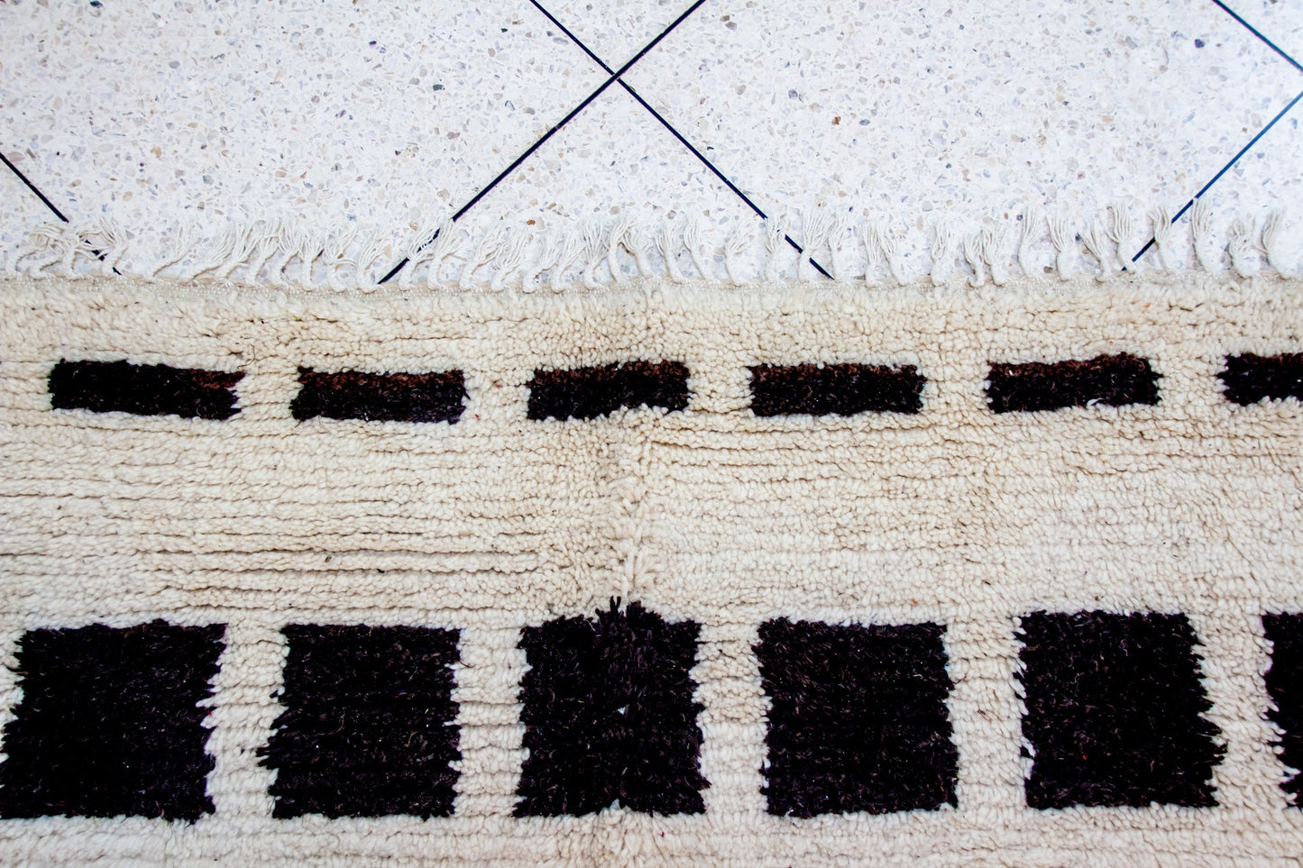 Beni Ourain Pile Rug — Ivory Field with Espresso Square Bands