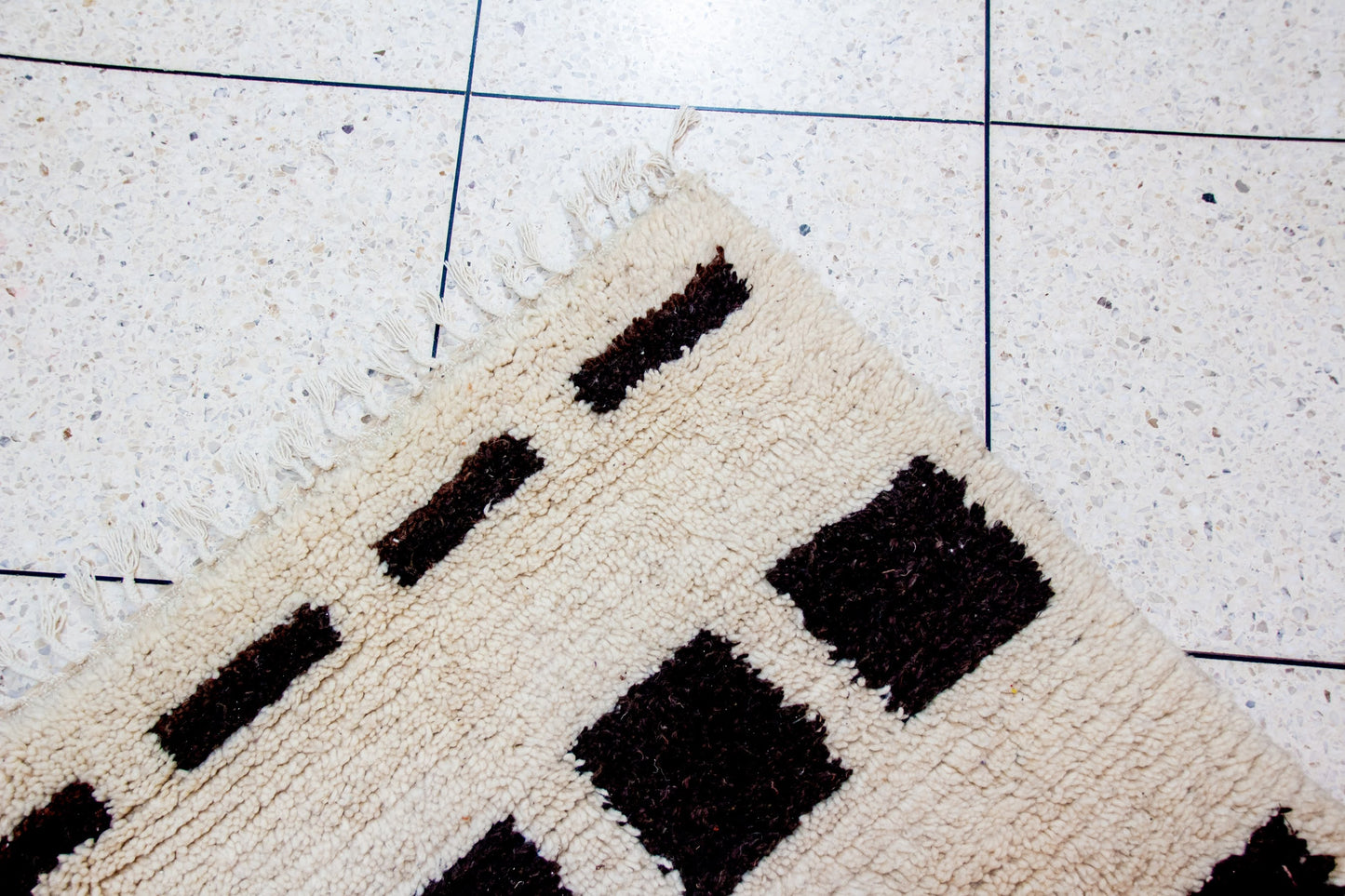 Beni Ourain Pile Rug — Ivory Field with Espresso Square Bands