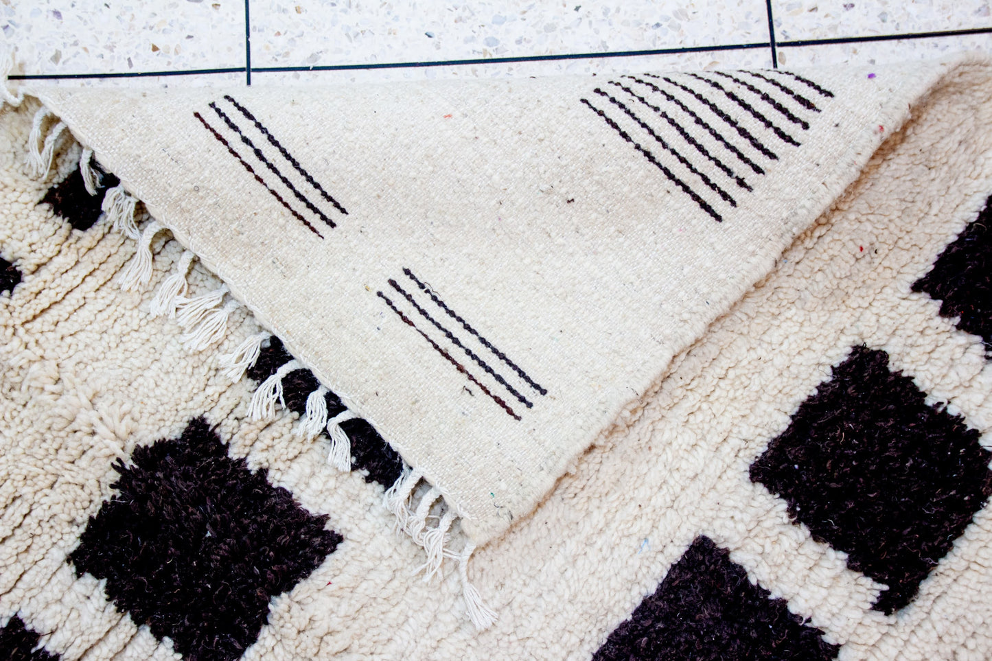 Beni Ourain Pile Rug — Ivory Field with Espresso Square Bands