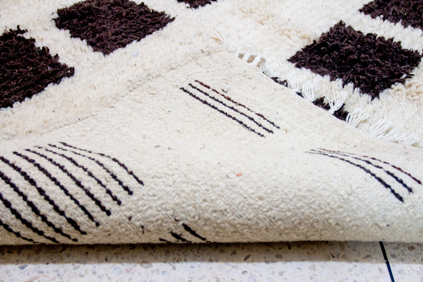 Beni Ourain Pile Rug — Ivory Field with Espresso Square Bands