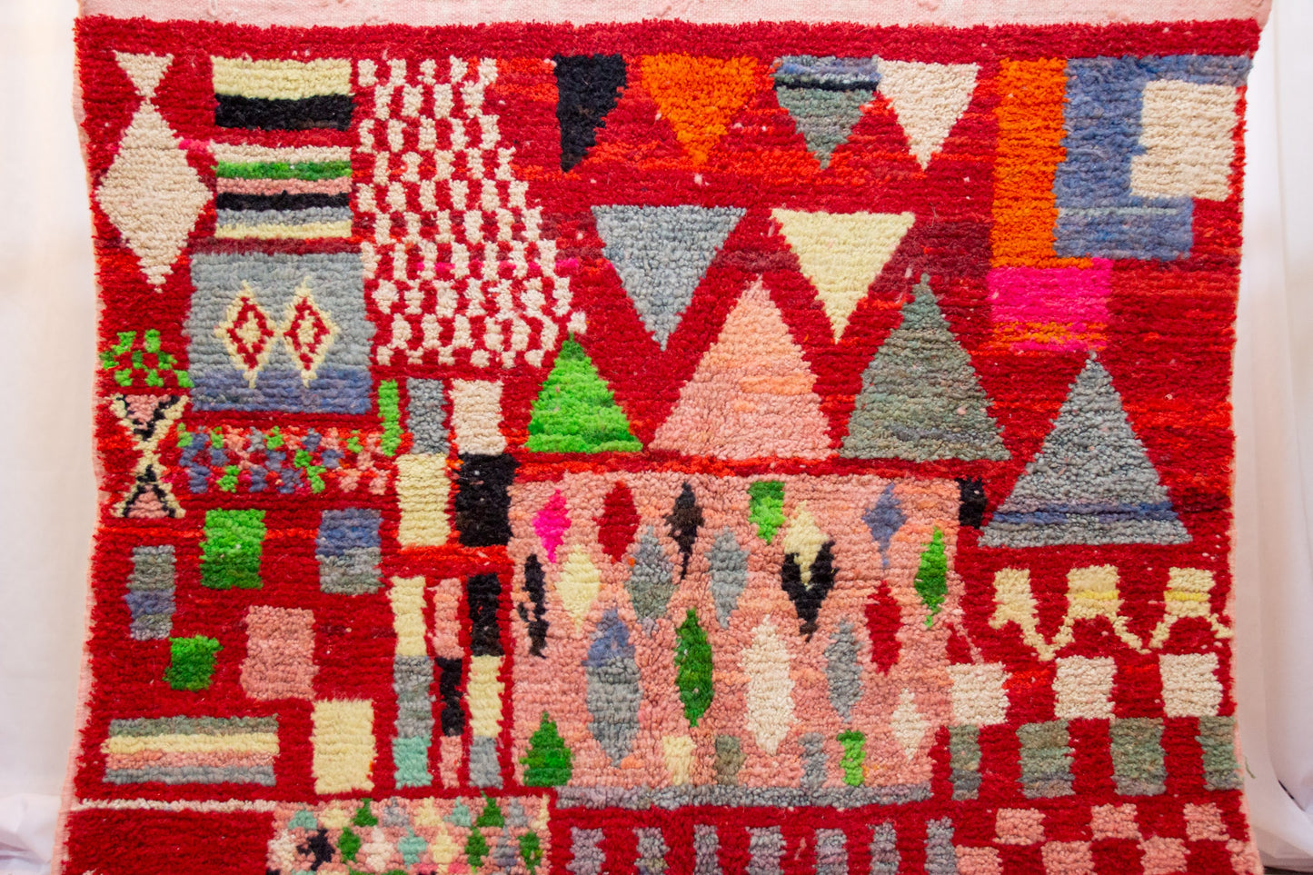 Boujaad Pile Rug — Crimson Compartment Mosaic of Stripes, Checks & Triangles