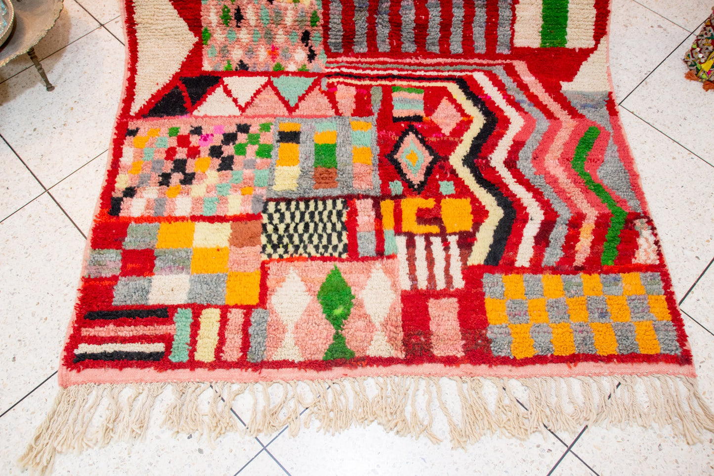 Boujaad Pile Rug — Crimson Compartment Mosaic of Stripes, Checks & Triangles