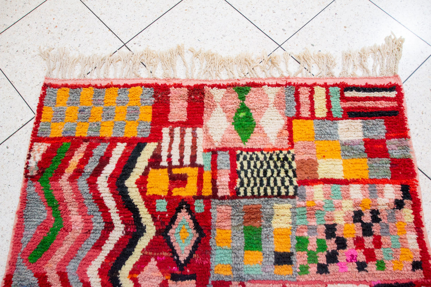 Boujaad Pile Rug — Crimson Compartment Mosaic of Stripes, Checks & Triangles