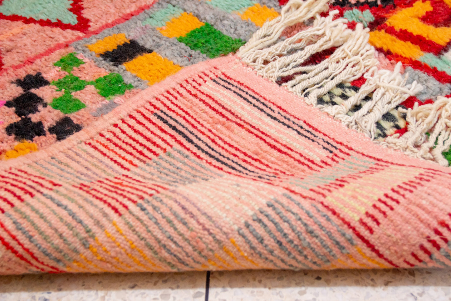 Boujaad Pile Rug — Crimson Compartment Mosaic of Stripes, Checks & Triangles