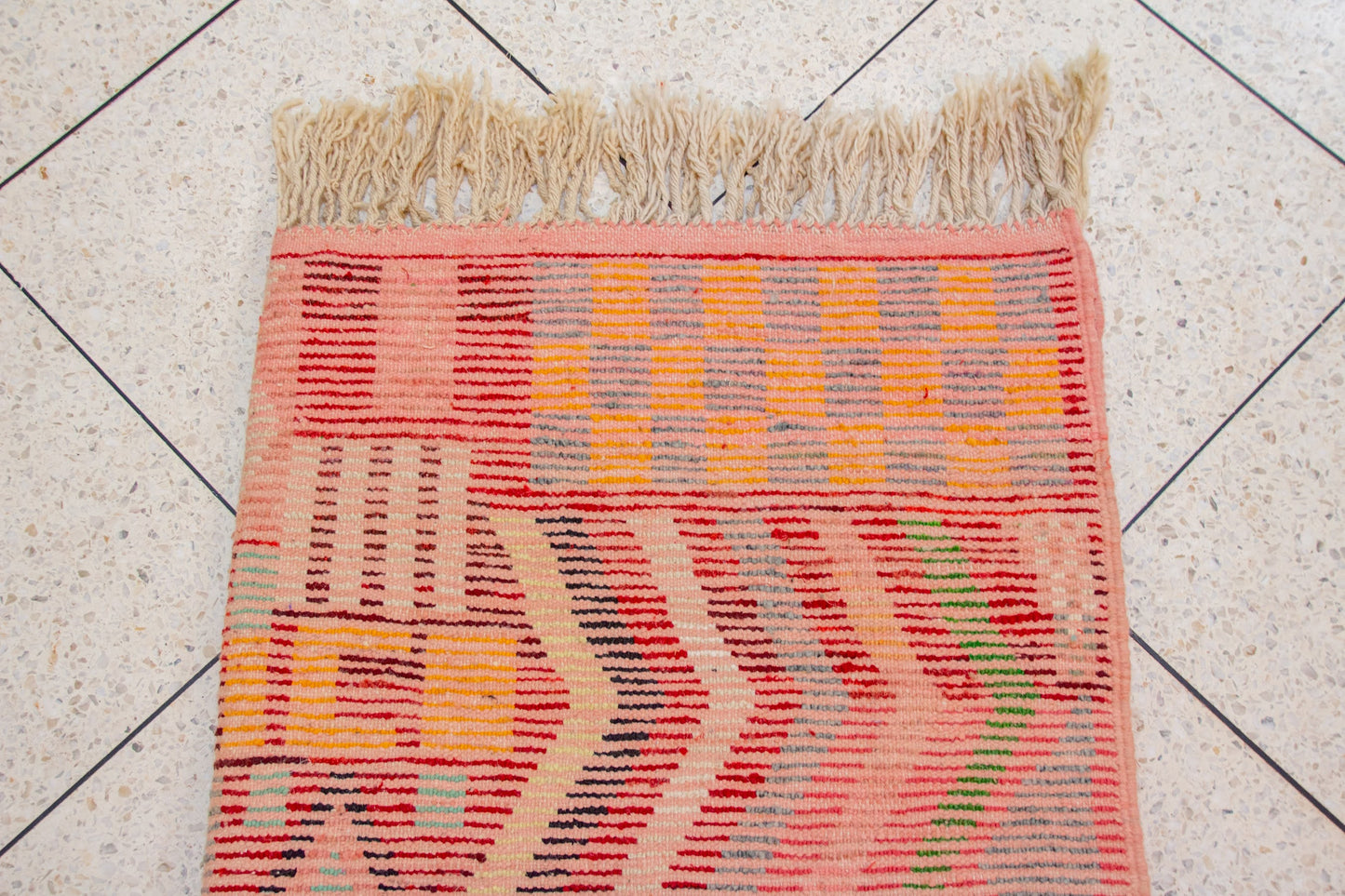 Boujaad Pile Rug — Crimson Compartment Mosaic of Stripes, Checks & Triangles