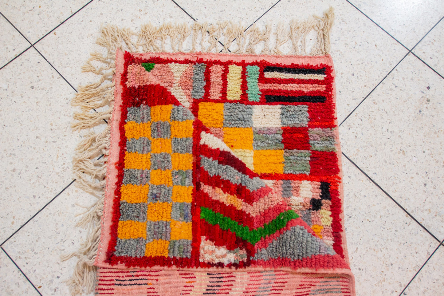 Boujaad Pile Rug — Crimson Compartment Mosaic of Stripes, Checks & Triangles