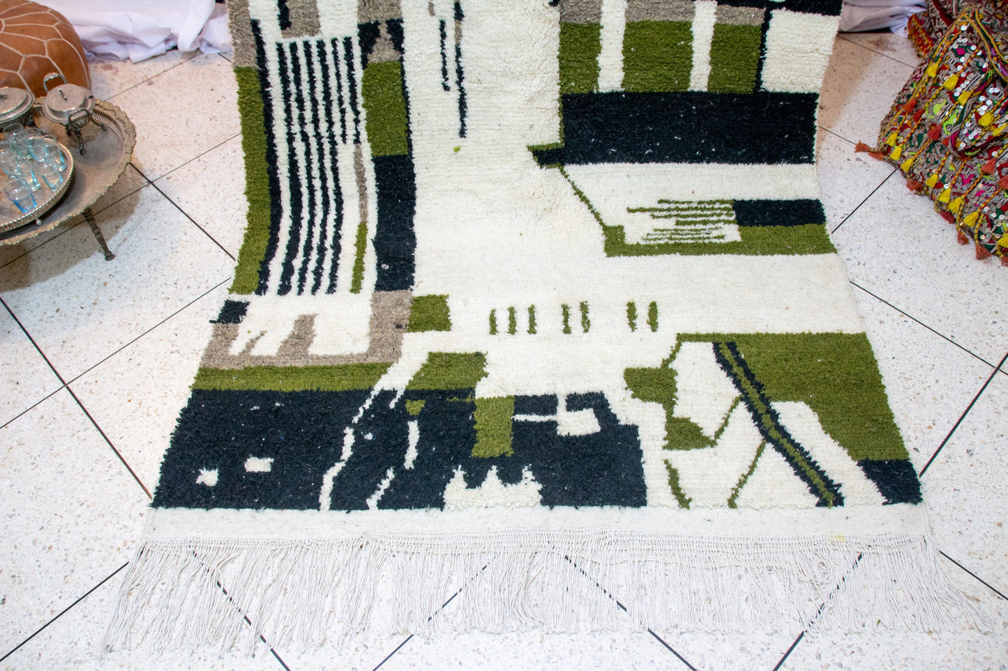 Azilal Pile Rug — Architectonic Blocks in Charcoal, Olive & Ivory