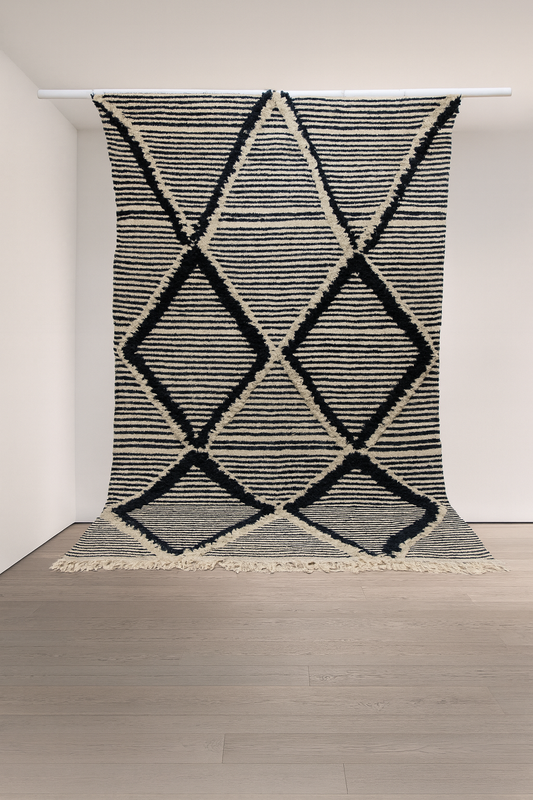 Boujaad Zanafi Kilim — Ink Diamond Lattice on Ivory Stripes