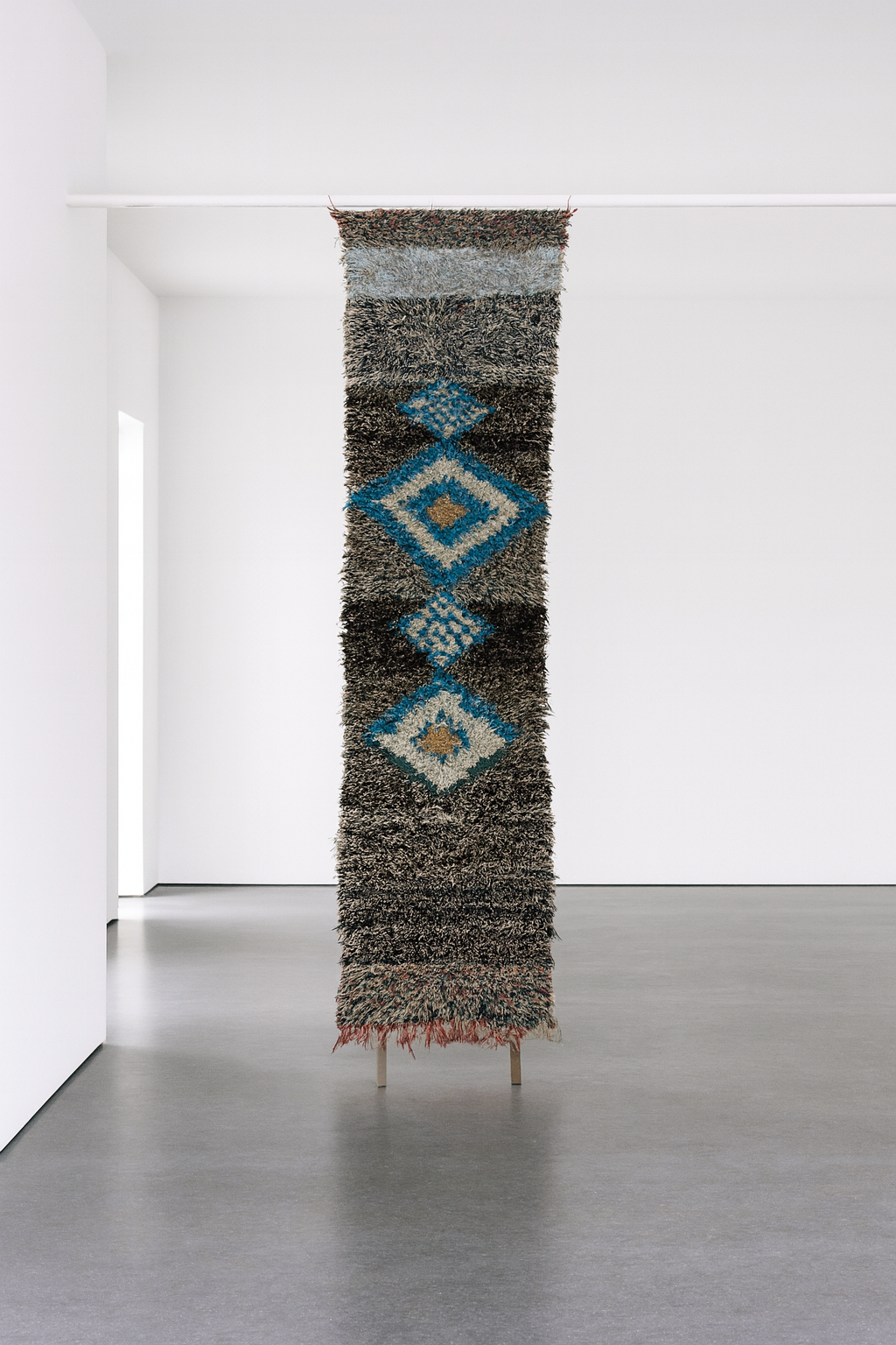 Boucherouite Stone-Field with Azure Diamond Totem — Reclaimed-Textile Runner