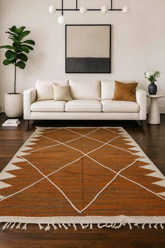 Terracotta Dunes – Zanafi Flatweave with White Geo-Spine