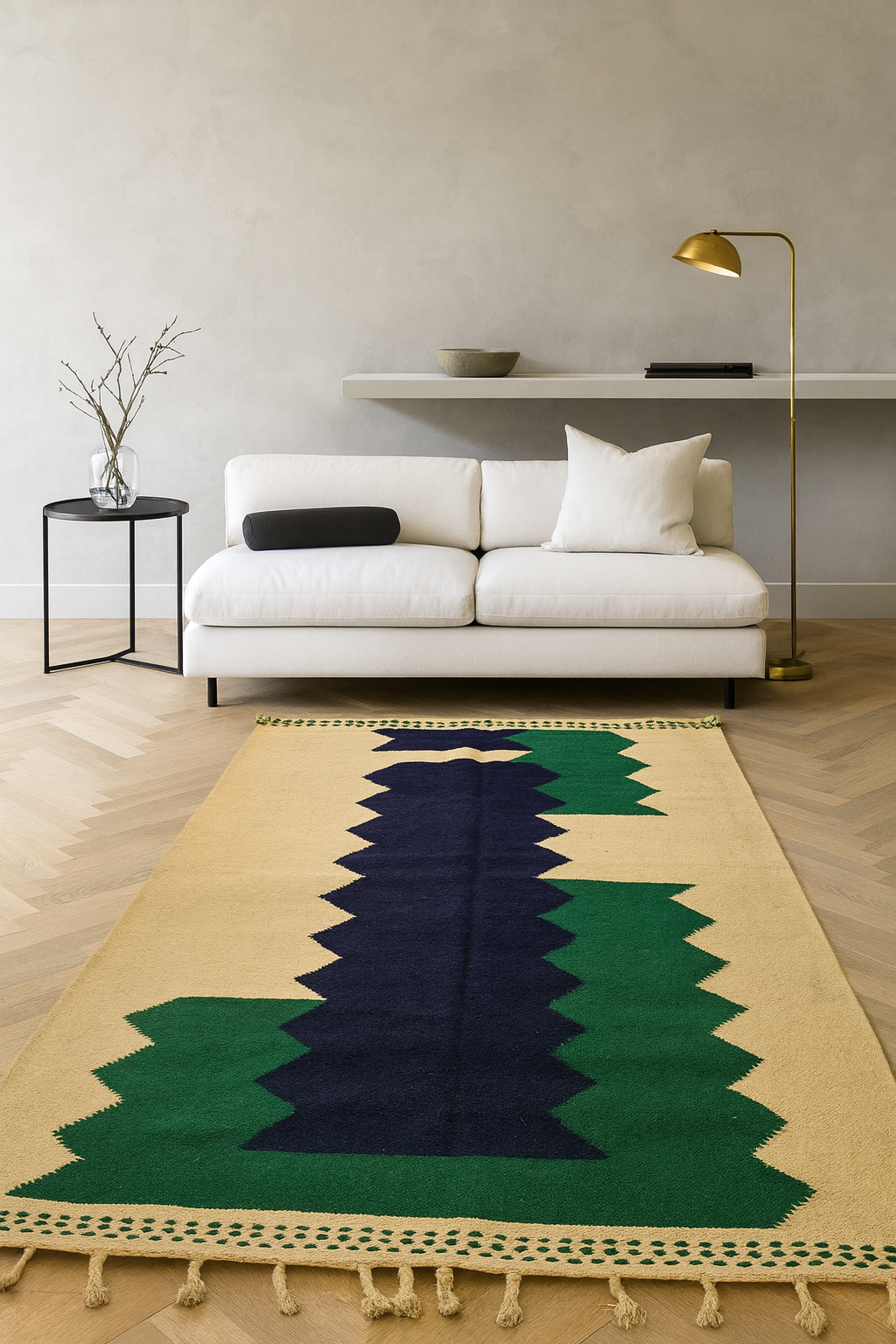 Boujaad–Zanafi Serrated Axis Kilim — Indigo Column & Cedar Flanks on Sand
