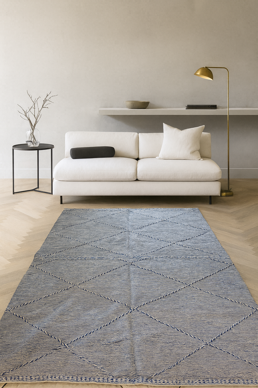 Boujaad–Zanafi Relief Lattice Kilim — Azure & Ivory MarleBoujaad–Zanafi Relief Lattice Kilim — Azure & Ivory Marle