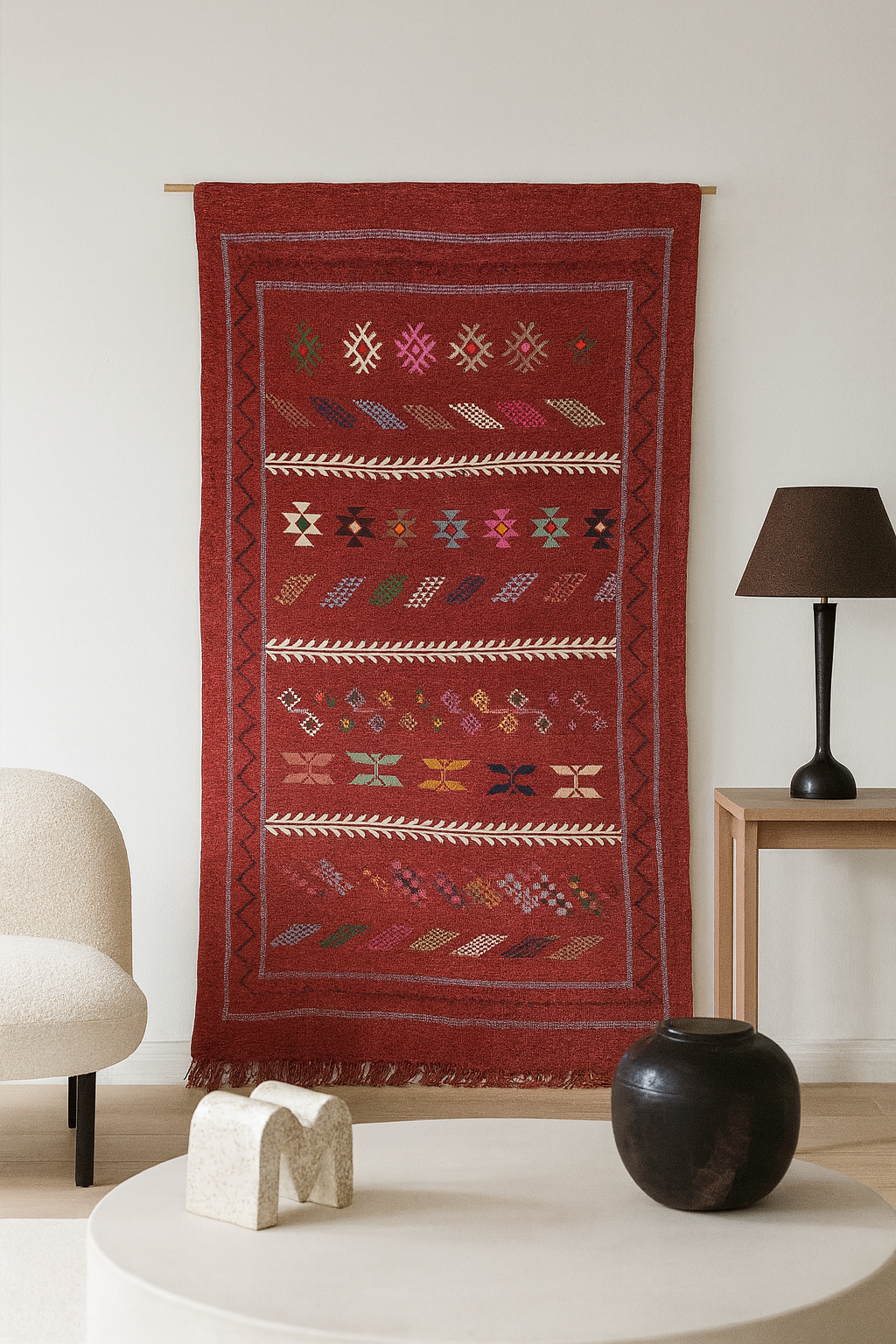 Boujaad Kilim Glyph Bands — Saffron Red Ledger