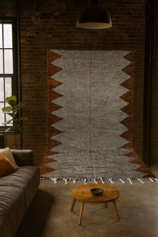 Zanafi Sawtooth Kilim — Charcoal/Ivory with Terracotta Borders