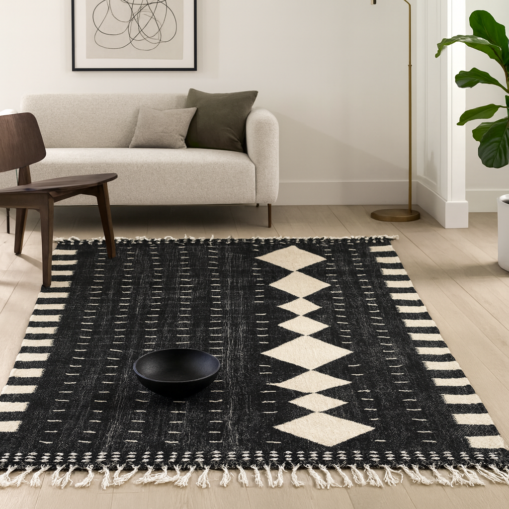 Zanafi Flatweave — Black & Ivory Geometric Wool
