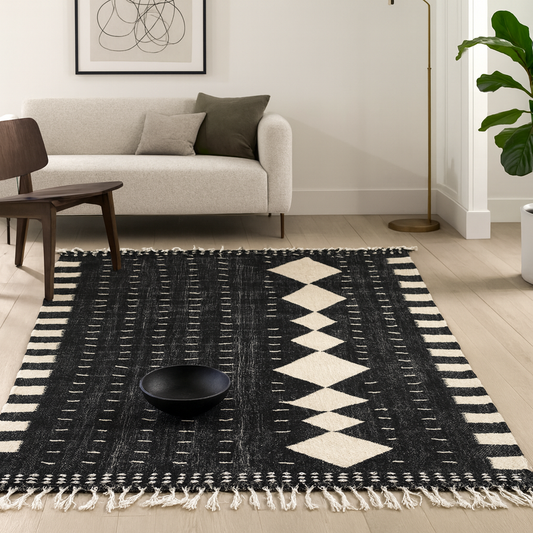 Zanafi Flatweave — Black & Ivory Geometric Wool
