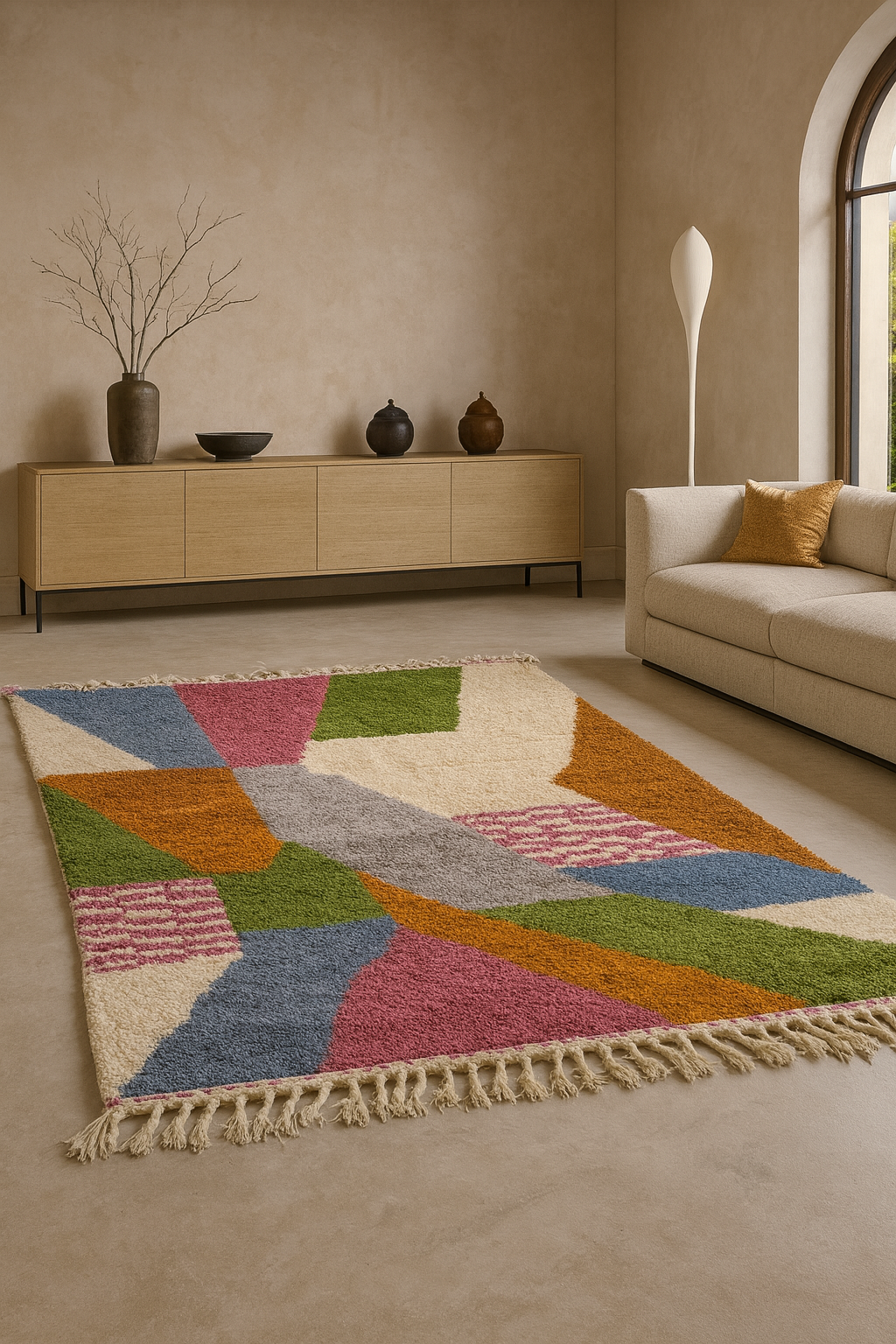 Boujaad Abstract Color-Block — Figue, Olive, Safran et Ciel sur Laine Ivoire