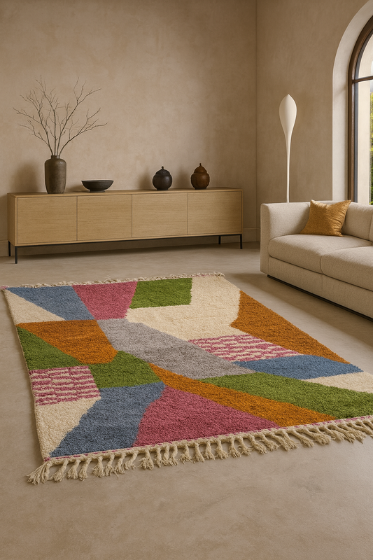 Boujaad Abstract Color-Block — Fig, Olive, Saffron & Sky on Ivory Wool
