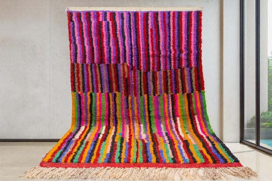 Boujaad Chromatic Rainfall — Multicolor Wool Stripes on Red Ground
