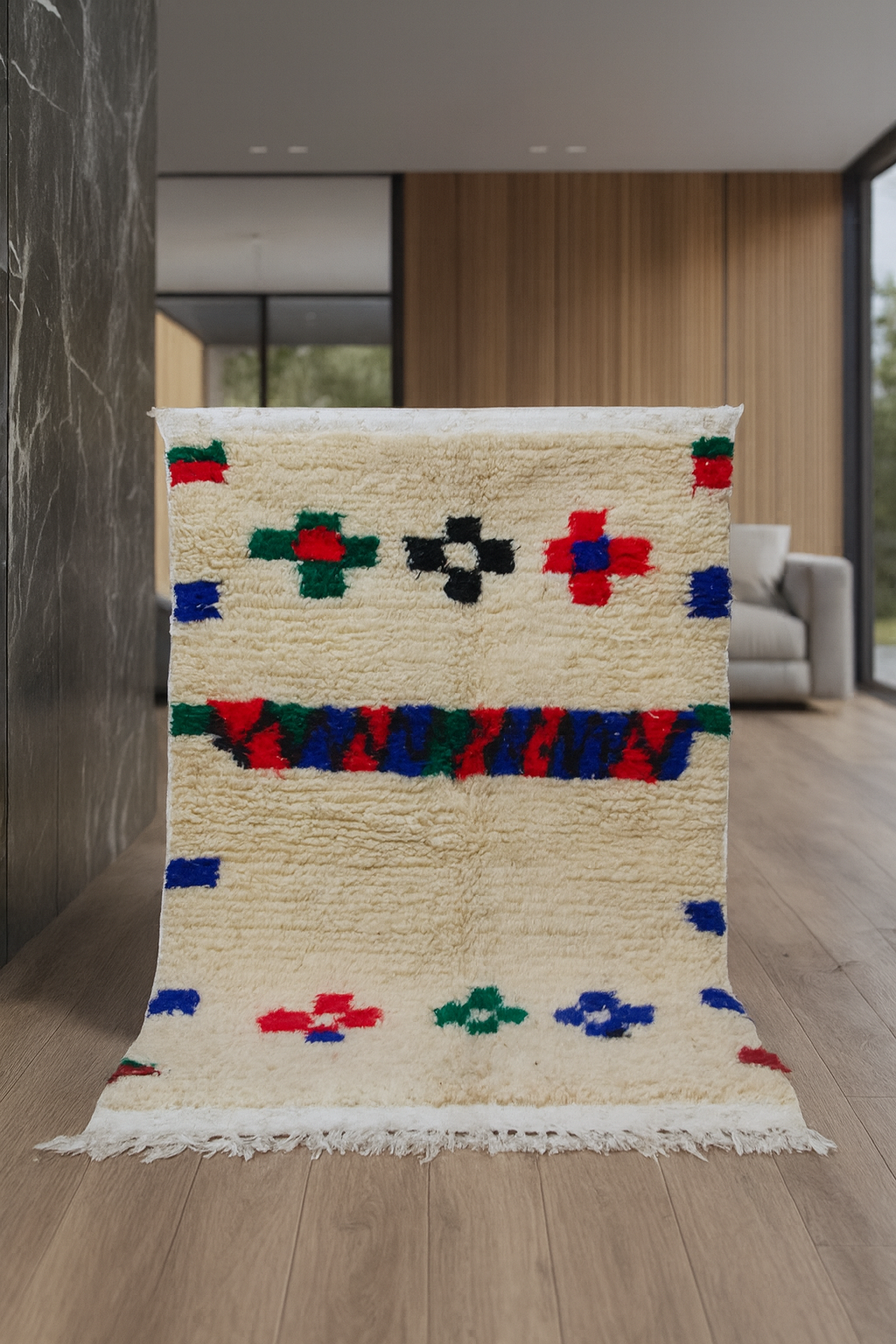 Boujaad Pile Rug — Ivory Field with Polychrome Cross Motifs