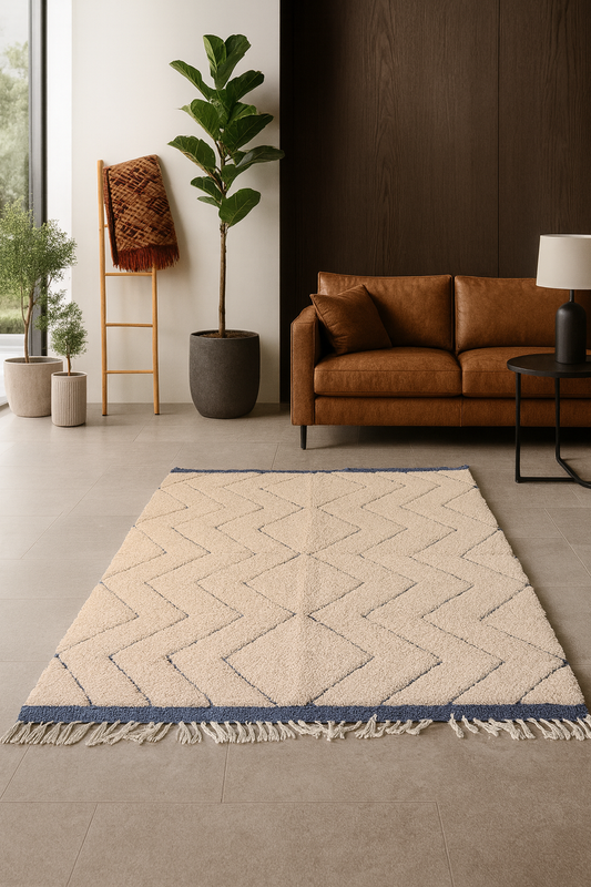 Marmoucha Pile Rug — Ivory Field with Indigo Chevron Lattice & Guard Bands