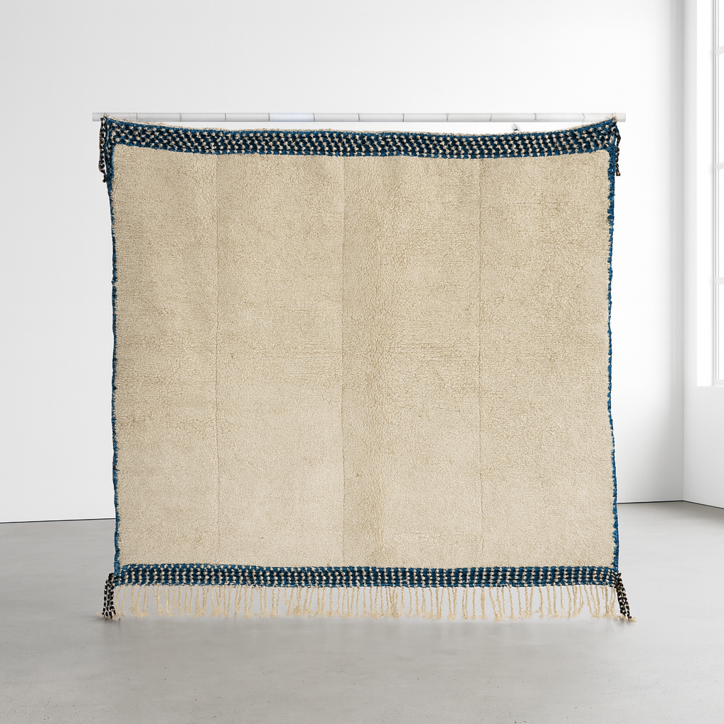 Beni Ourain Pile Rug — Ivory Field with Indigo Check Guard Bands