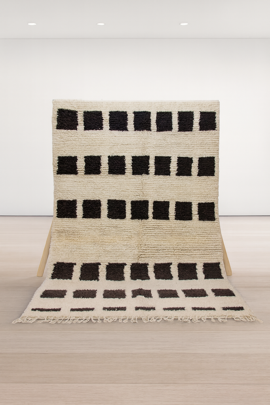Beni Ourain Pile Rug — Ivory Field with Espresso Square Bands