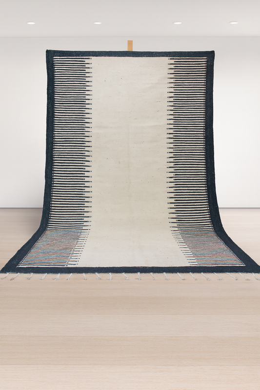 Zanafi Boujaad Flatweave — Indigo Ladder Border on Ivory