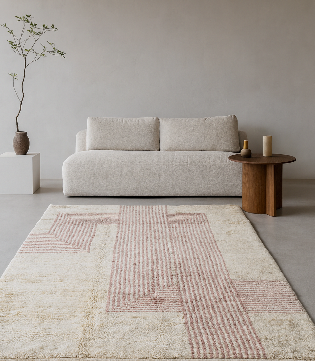Beni Mrirt Pinstripe Panel — Ivory Field with Blush Corner