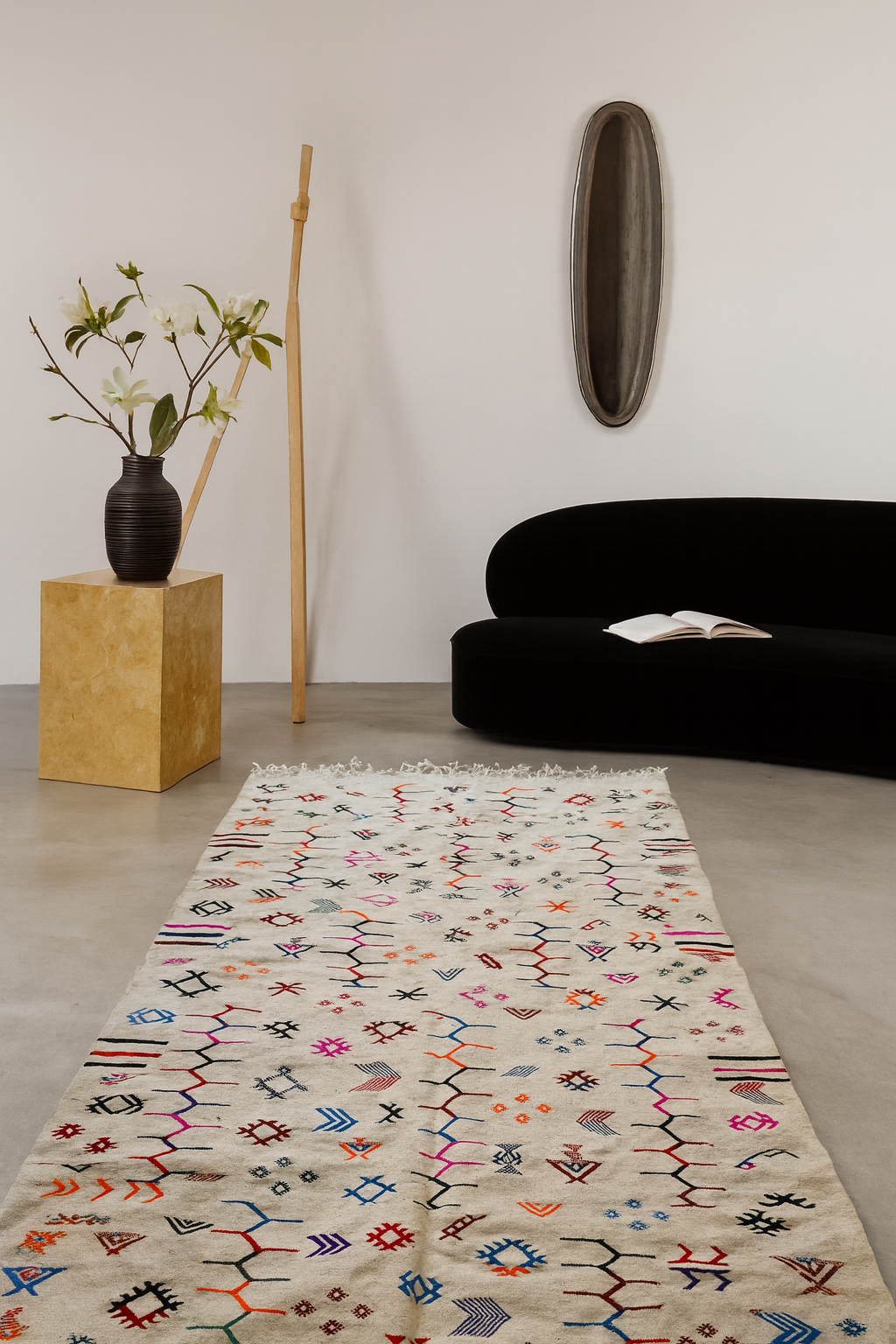 Boujaad–Zanafi Polychrome Glyph Kilim — Ivory Field