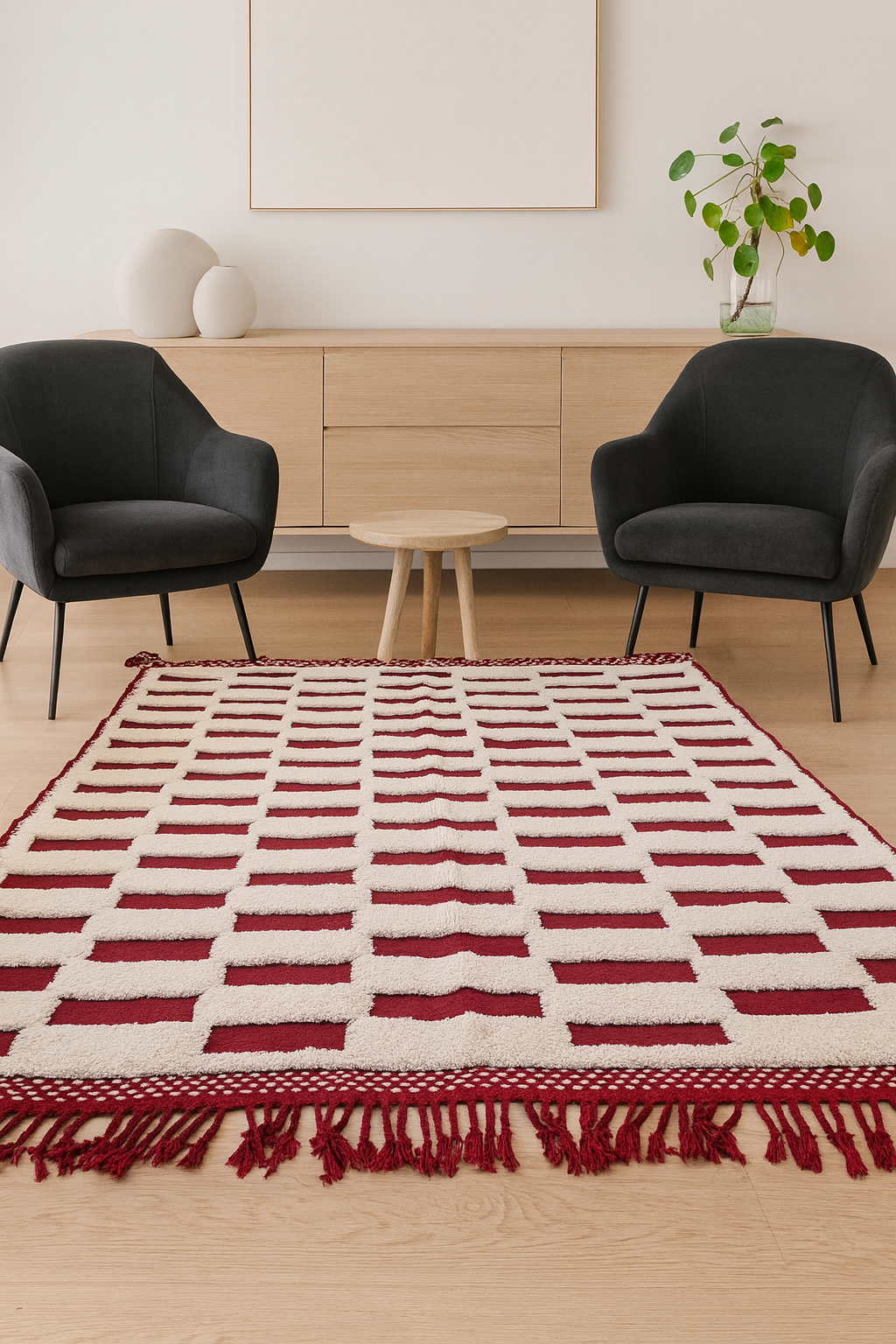 Marmoucha Relief Grid — Ivory on Crimson Wool
