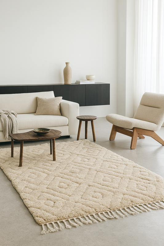 Engraved Stillness – Beni Ourain Rug with Diamond Glyph Inscriptions