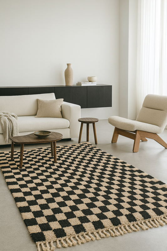 Stitched Balance – Beni Ourain Checkerboard Rug in Black & Ivory