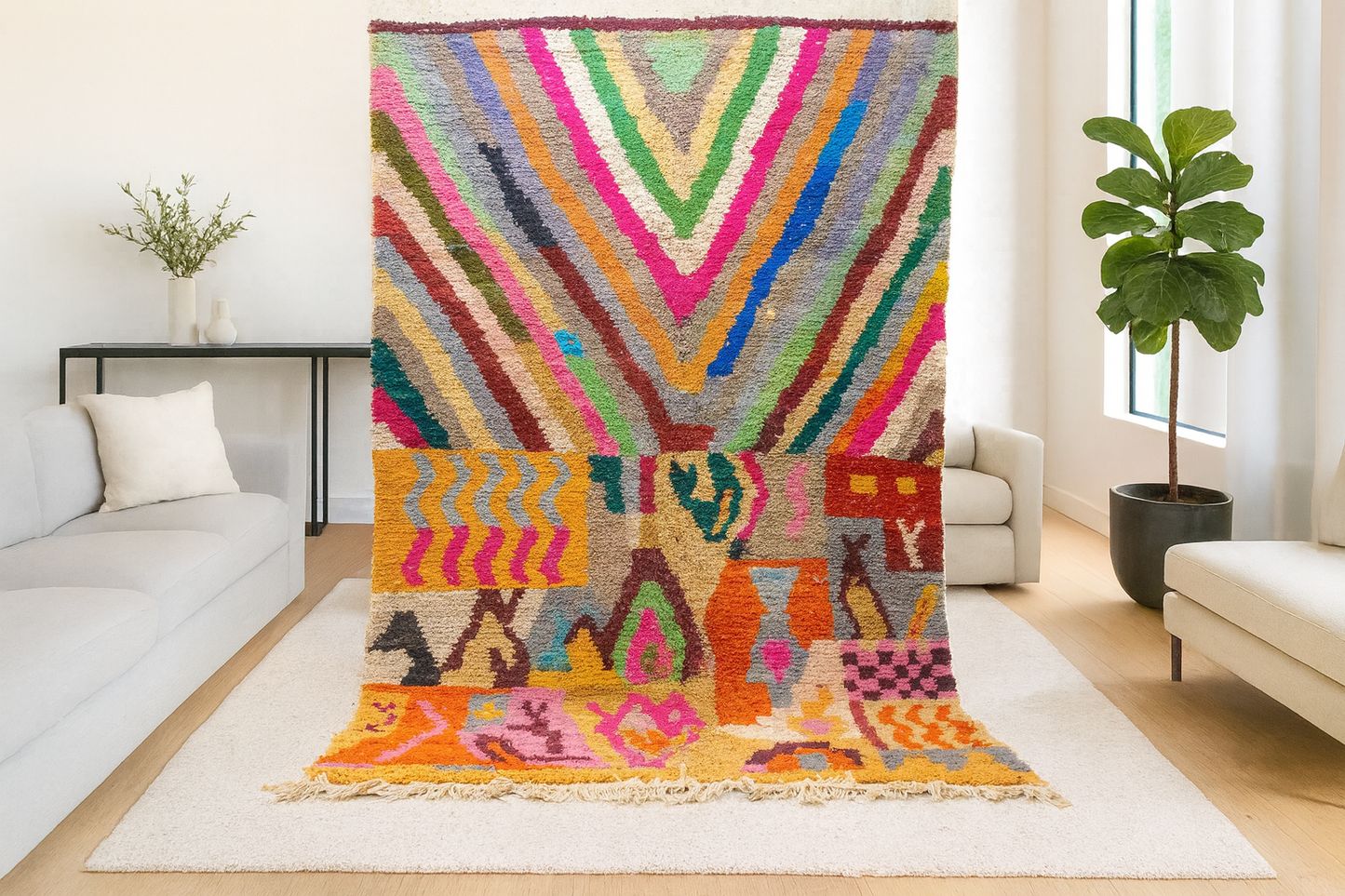 Boujaad V-Ray & Patchwork Symbols — Multicolor Wool on Ivory Ground