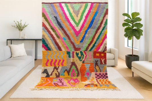 Boujaad V-Ray & Patchwork Symbols — Multicolor Wool on Ivory Ground