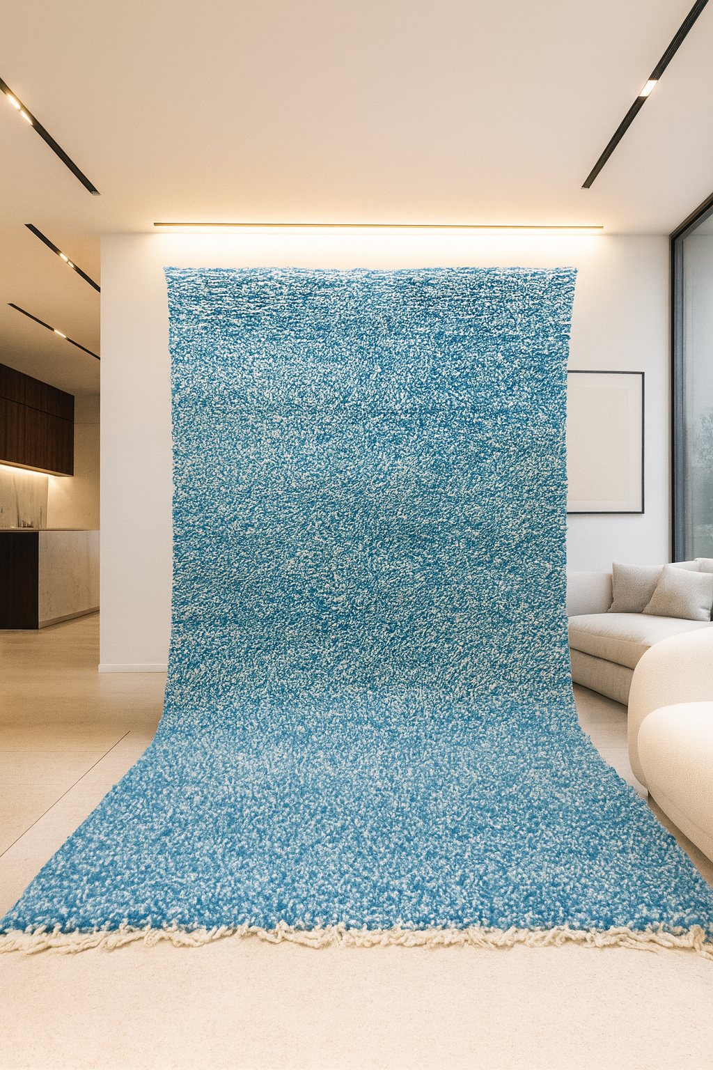 Boujaad Pile Rug — Azure Mélange Field, Minimalist Plainweave Edge