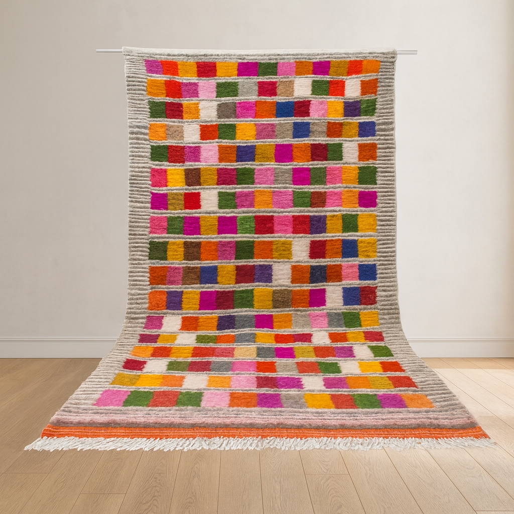 Boujaad Pile Rug — Multicolor Checker Panels on Ivory with Ribbed Guards