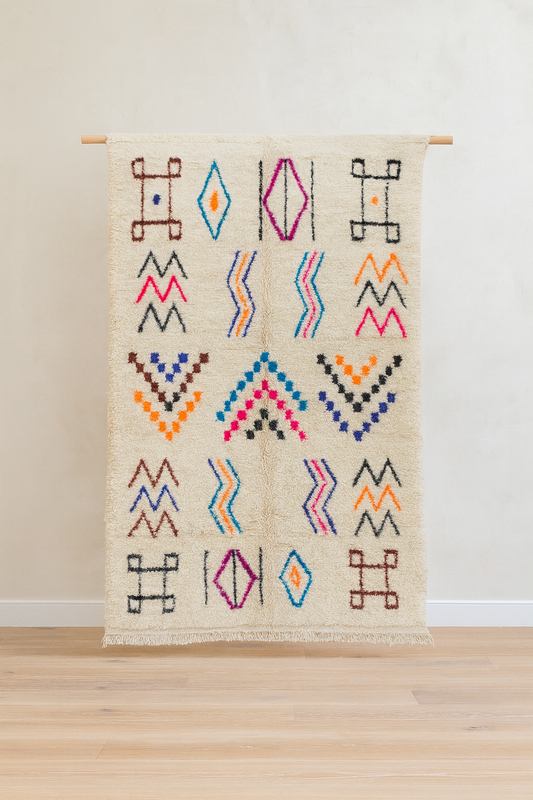 Azilal Pile Rug — Ivory Field with Glyph Suite & Beaded Chevrons