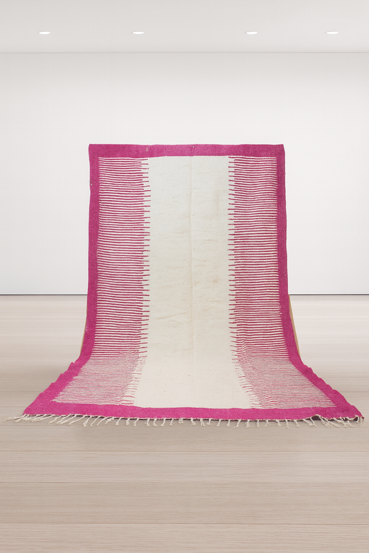 Zanafi–Boujaad Flatweave — Ivory Field with Fuchsia Ladder Borders