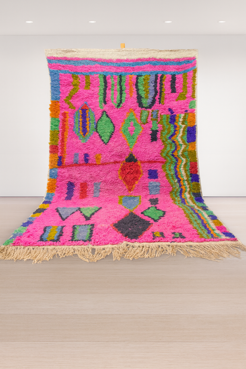 Boujaad Pile Rug — Fuchsia Field with Rainbow Side Band & Jewel Diamonds