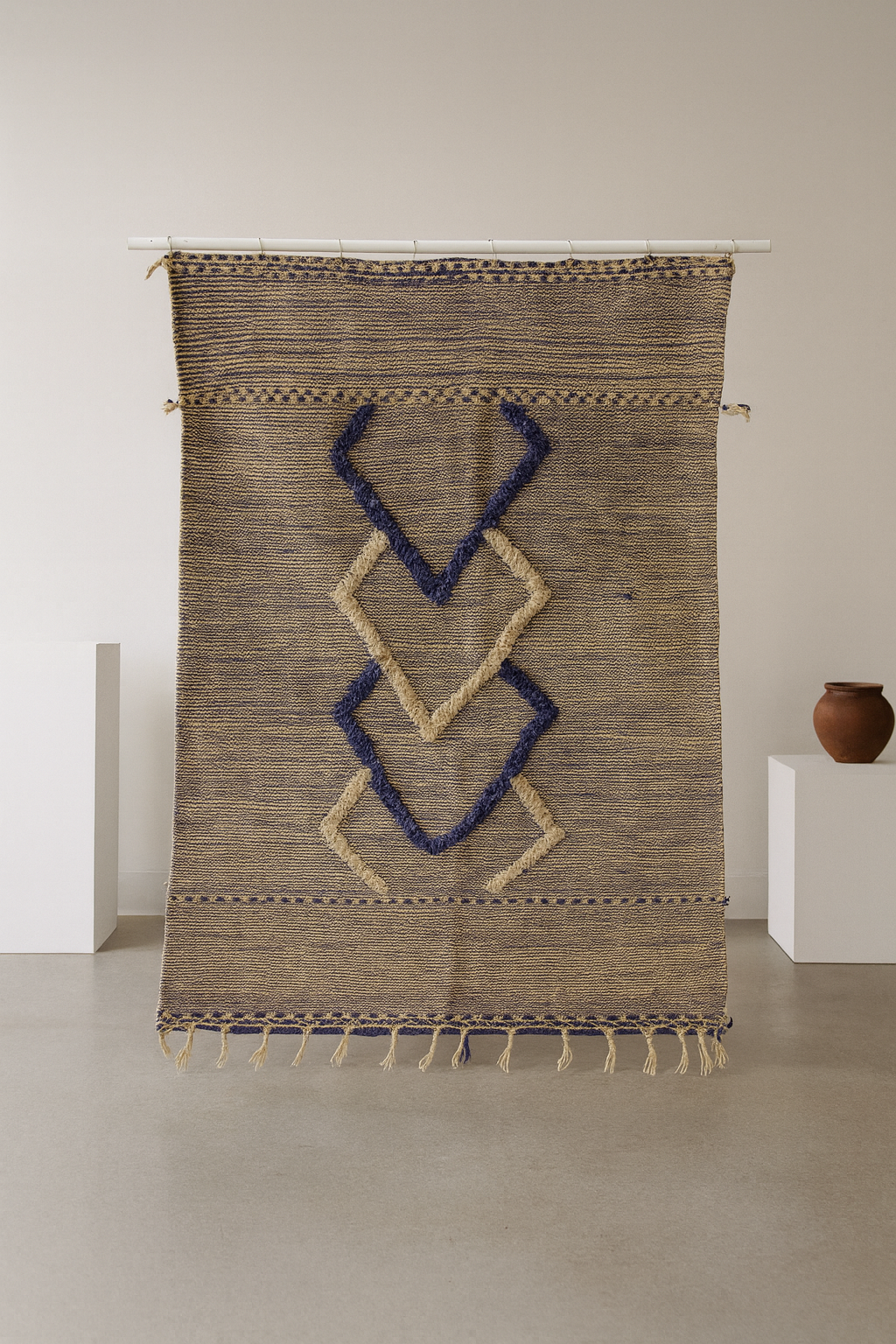 Zanafi Kilim — Heathered Indigo Stripes with Ivory/Indigo Lozenge Chain