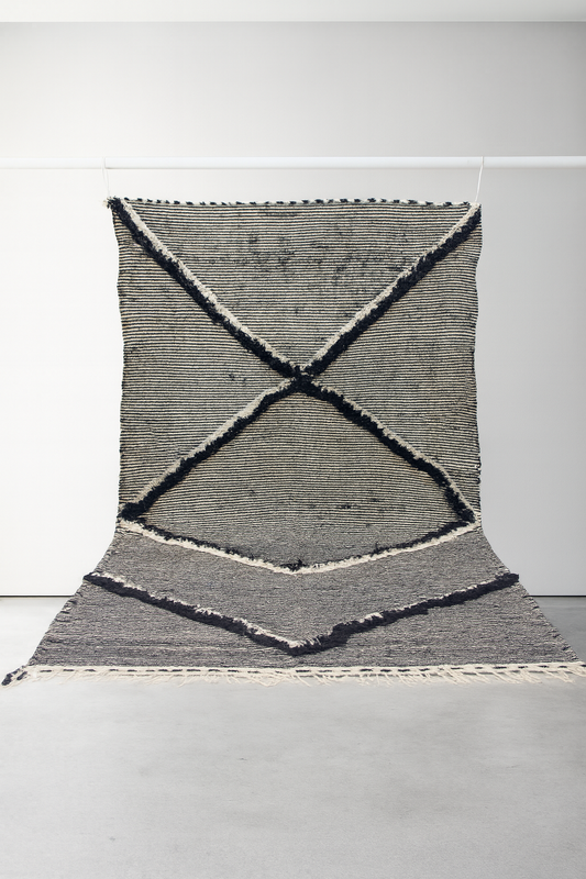 Zanafi Boujaad Kilim — Indigo Cross Panels on Ivory Stripes