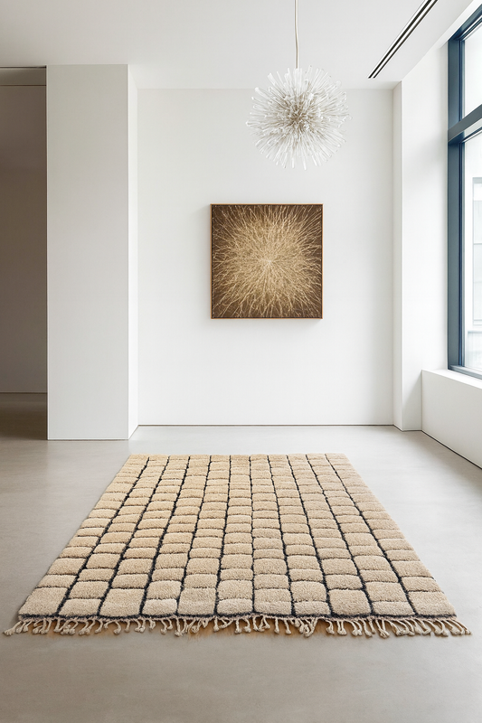 Paved Black Rivers Nomadic Grids – Sculpted Beni Ourain Rug in Raised Wool Relief