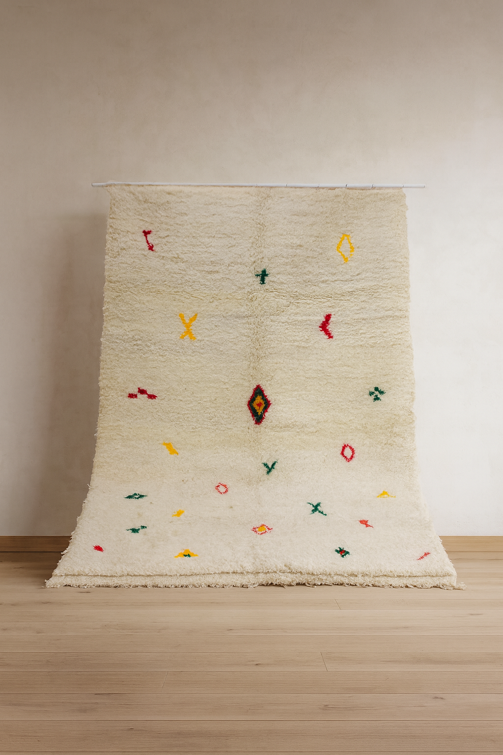 Azilal Scatter Glyphs — Ivory Wool with Saffron, Coral & Emerald Accents