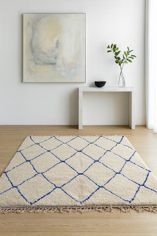 Blue Geometry – Beni Ourain Rug with Indigo Diamond Grid